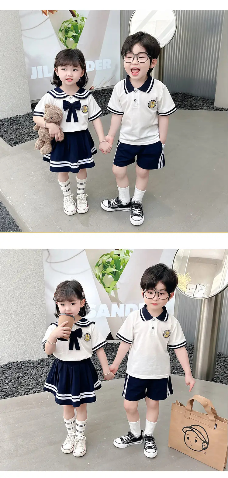 2025 Summer Kids Polo Shirt Set White Blue Knitted College Style — feature 9