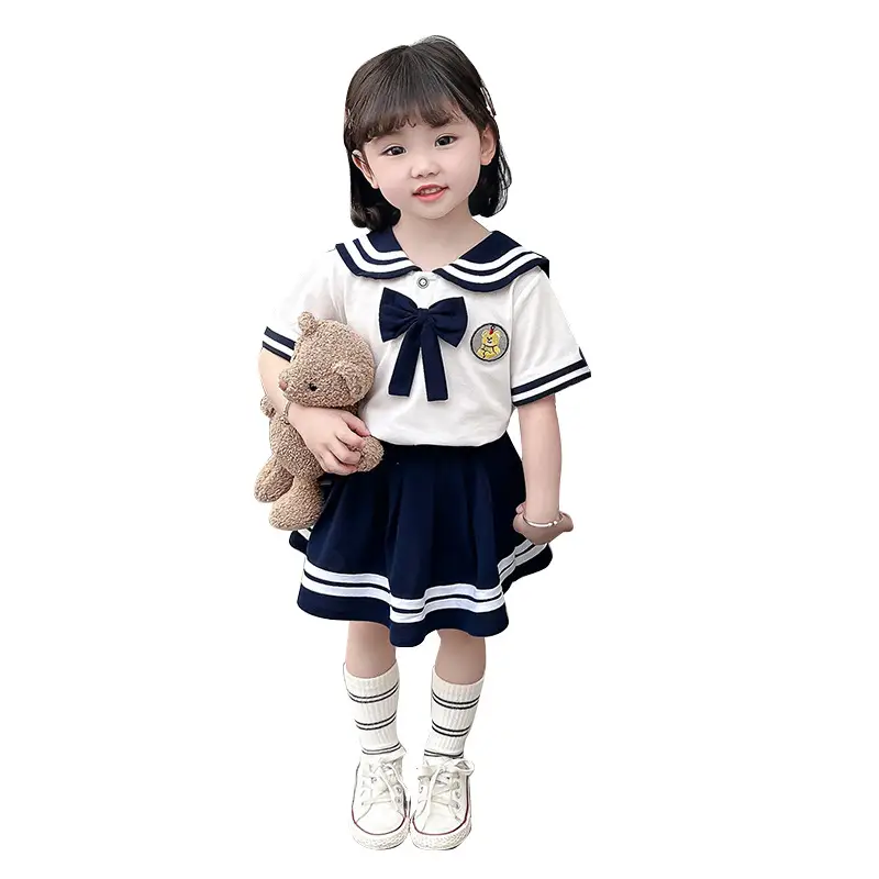 2025 Summer Kids Polo Shirt Set White Blue Knitted College Style - Image 2