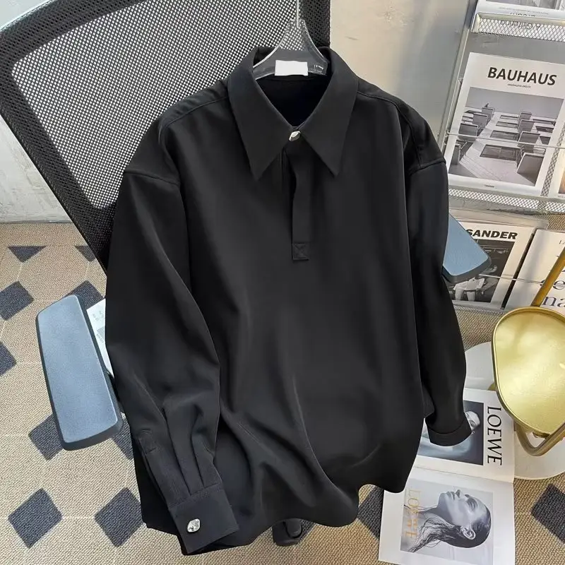 Japanese Long Sleeve Polo T-Shirt Men Black Loose Button Lapel - Image 5