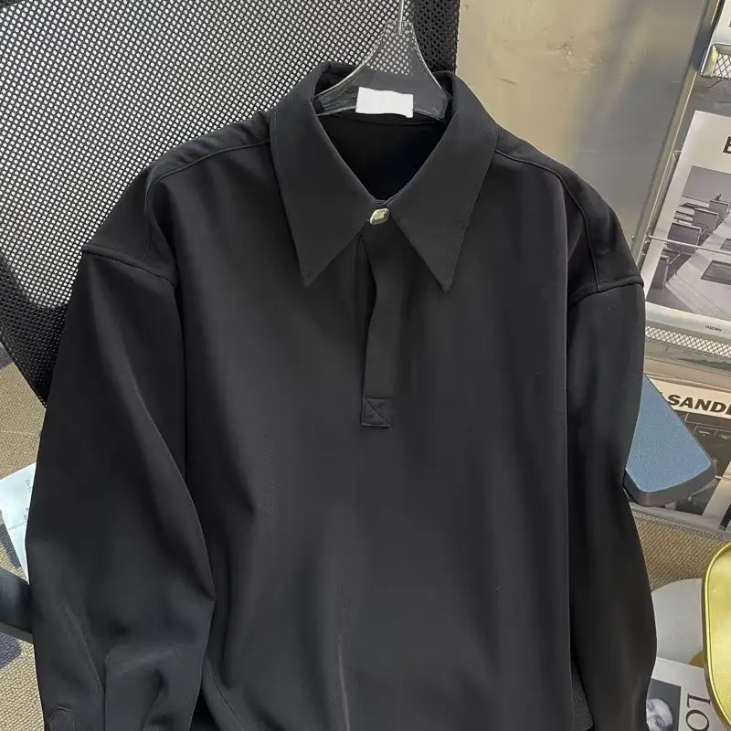 Japanese Long Sleeve Polo T-Shirt Men Black Loose Button Lapel - Image 6