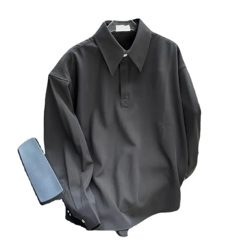Japanese Long Sleeve Polo T-Shirt Men Black Loose Button Lapel - Image 8