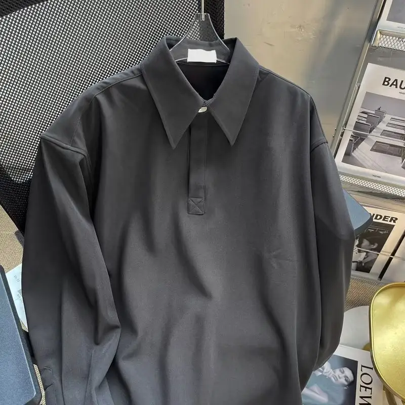 Japanese Long Sleeve Polo T-Shirt Men Black Loose Button Lapel — feature 26