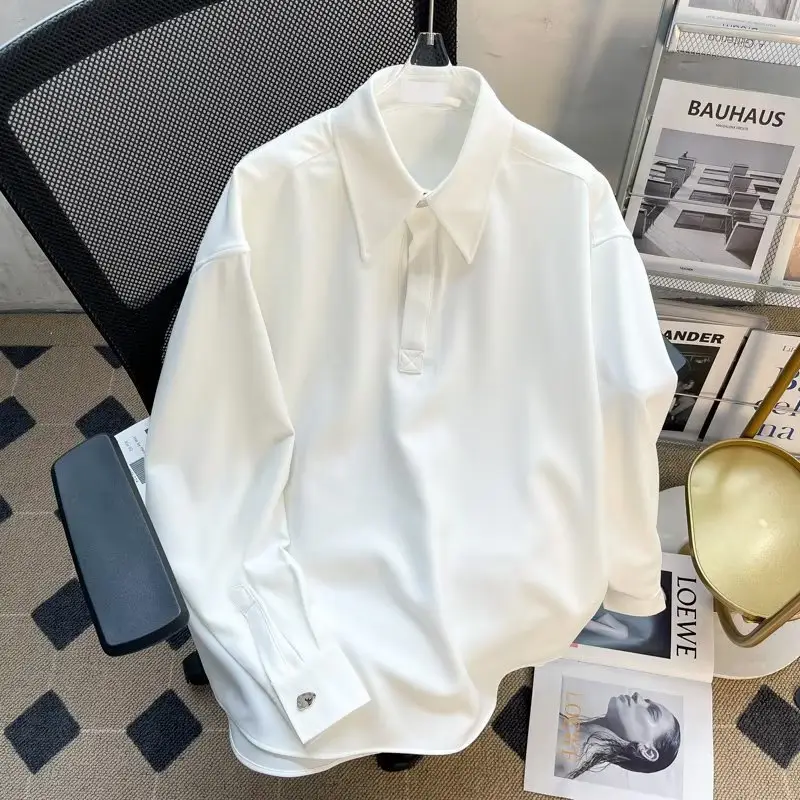 Japanese Long Sleeve Polo T-Shirt Men Black Loose Button Lapel - Image 2