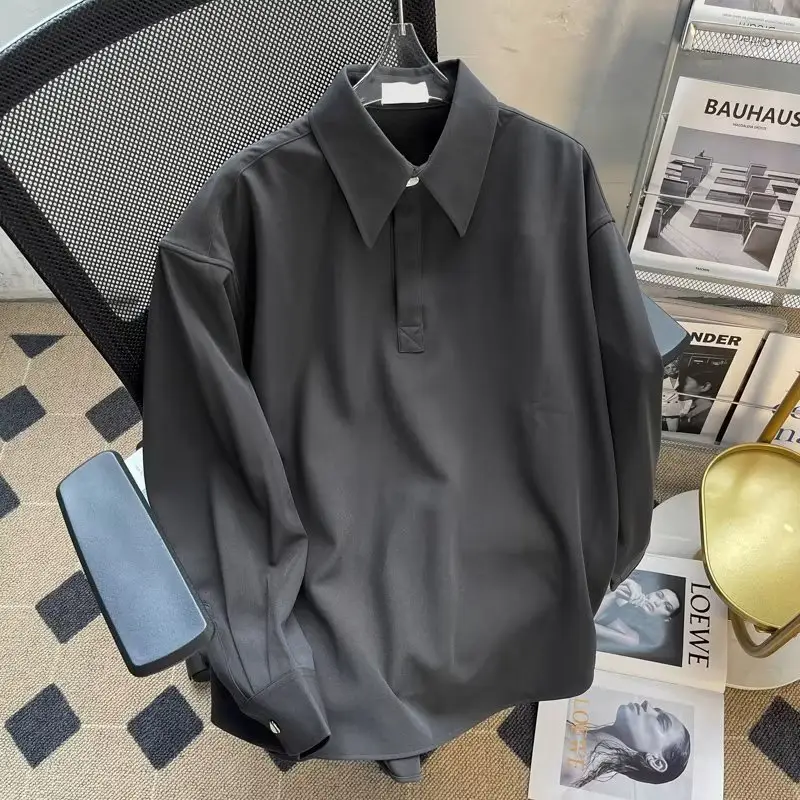 Japanese Long Sleeve Polo T-Shirt Men Black Loose Button Lapel - Image 3