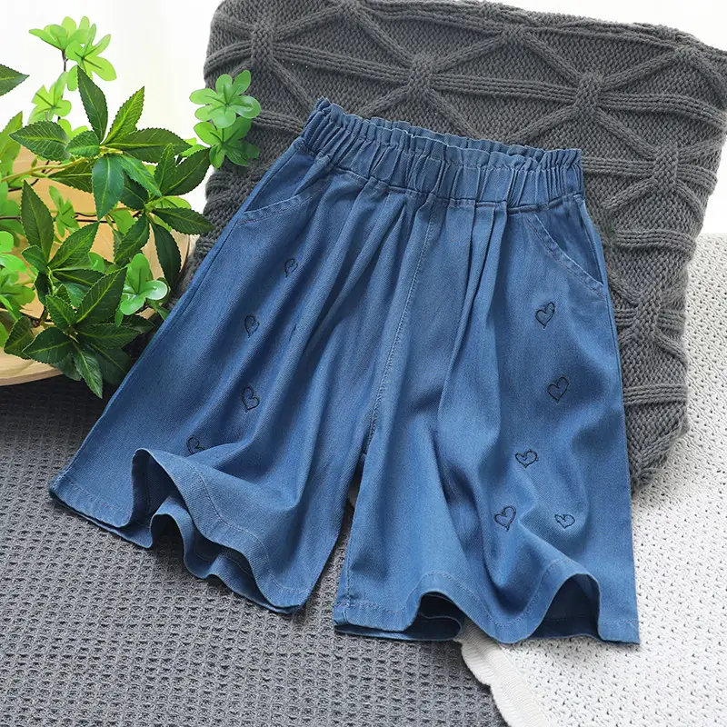 Girls Blue Heart Embroidered Shorts Summer Wear
