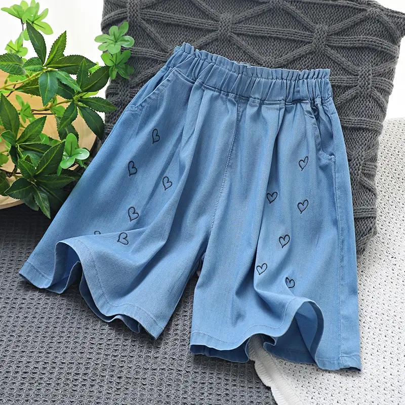 Girls Blue Heart Embroidered Shorts Summer Wear