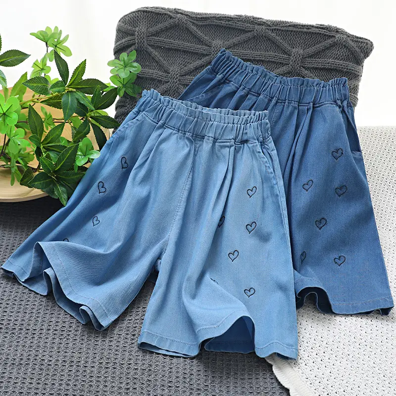Girls Blue Heart Embroidered Shorts Summer Wear — feature 2