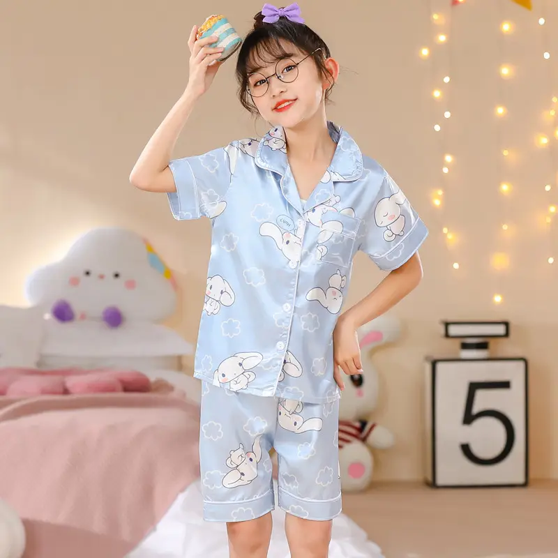 Girls Cartoon Print Pajama Set Purple Ice Silk - Image 11