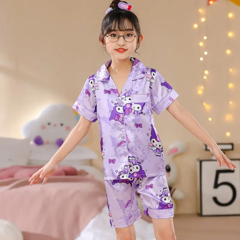 Girls Cartoon Print Pajama Set Purple Ice Silk - Image 12