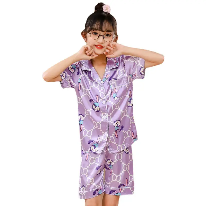 Girls Cartoon Print Pajama Set Purple Ice Silk - Image 14