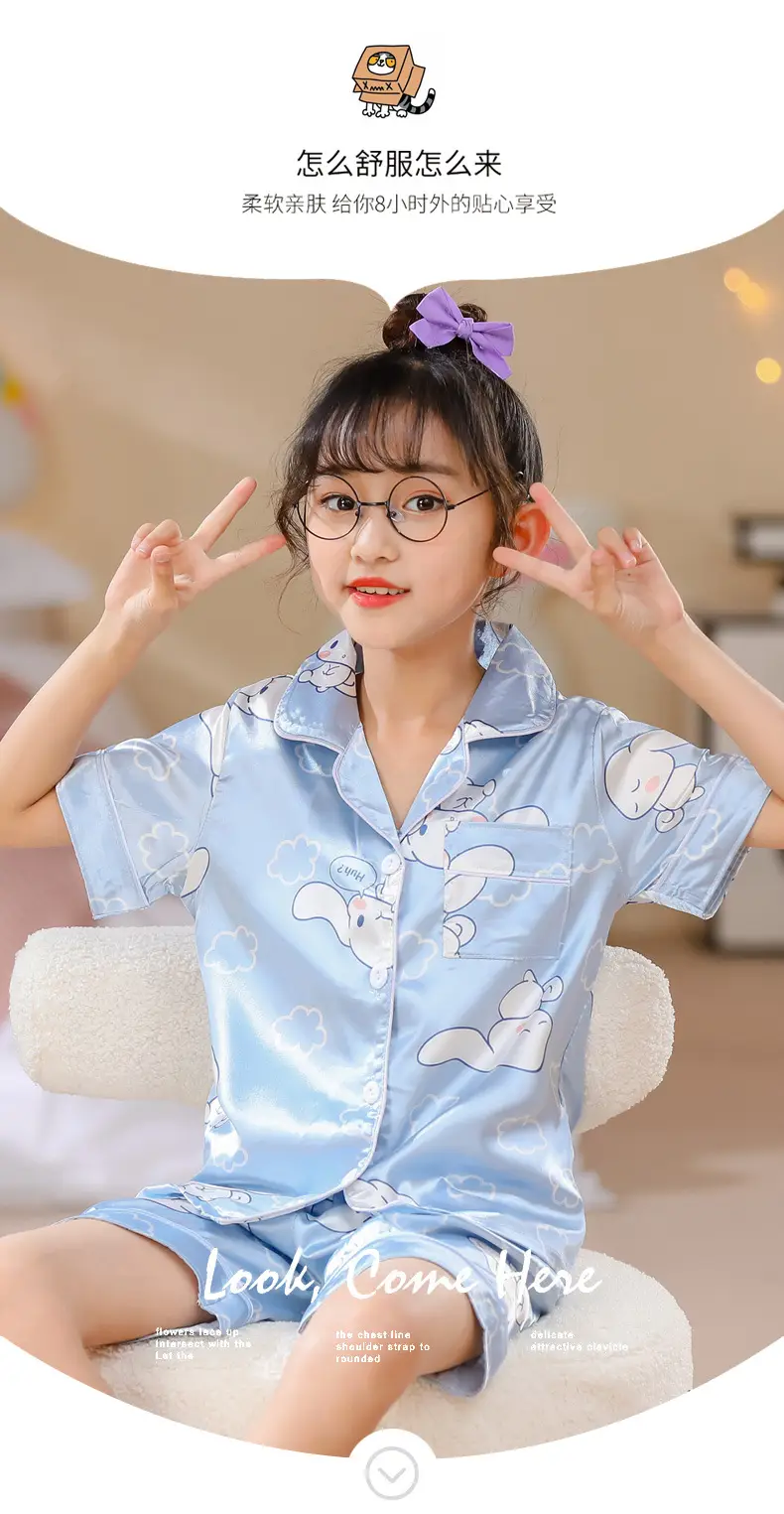 Girls Cartoon Print Pajama Set Purple Ice Silk — feature 11