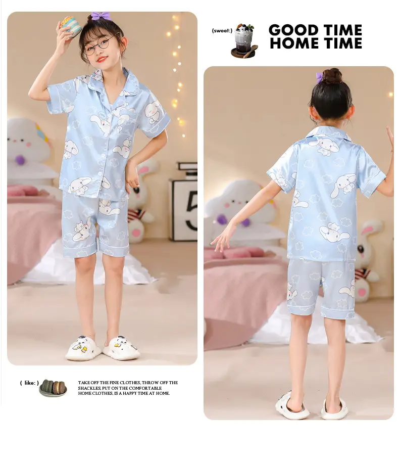 Girls Cartoon Print Pajama Set Purple Ice Silk — feature 13