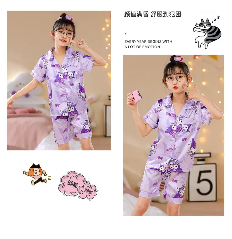 Girls Cartoon Print Pajama Set Purple Ice Silk — feature 15