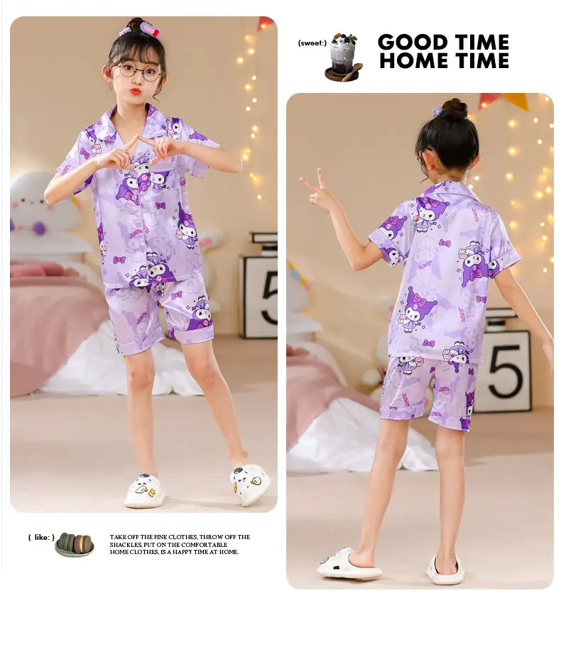 Girls Cartoon Print Pajama Set Purple Ice Silk — feature 16
