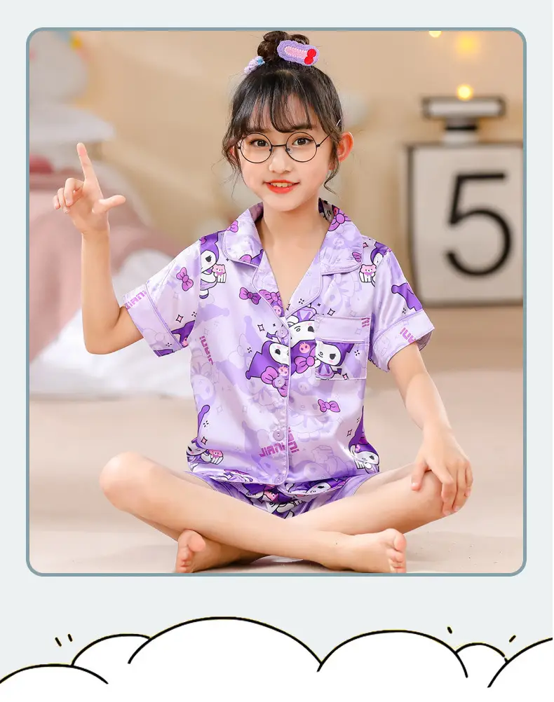 Girls Cartoon Print Pajama Set Purple Ice Silk — feature 17