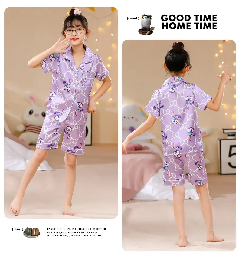 Girls Cartoon Print Pajama Set Purple Ice Silk — feature 24