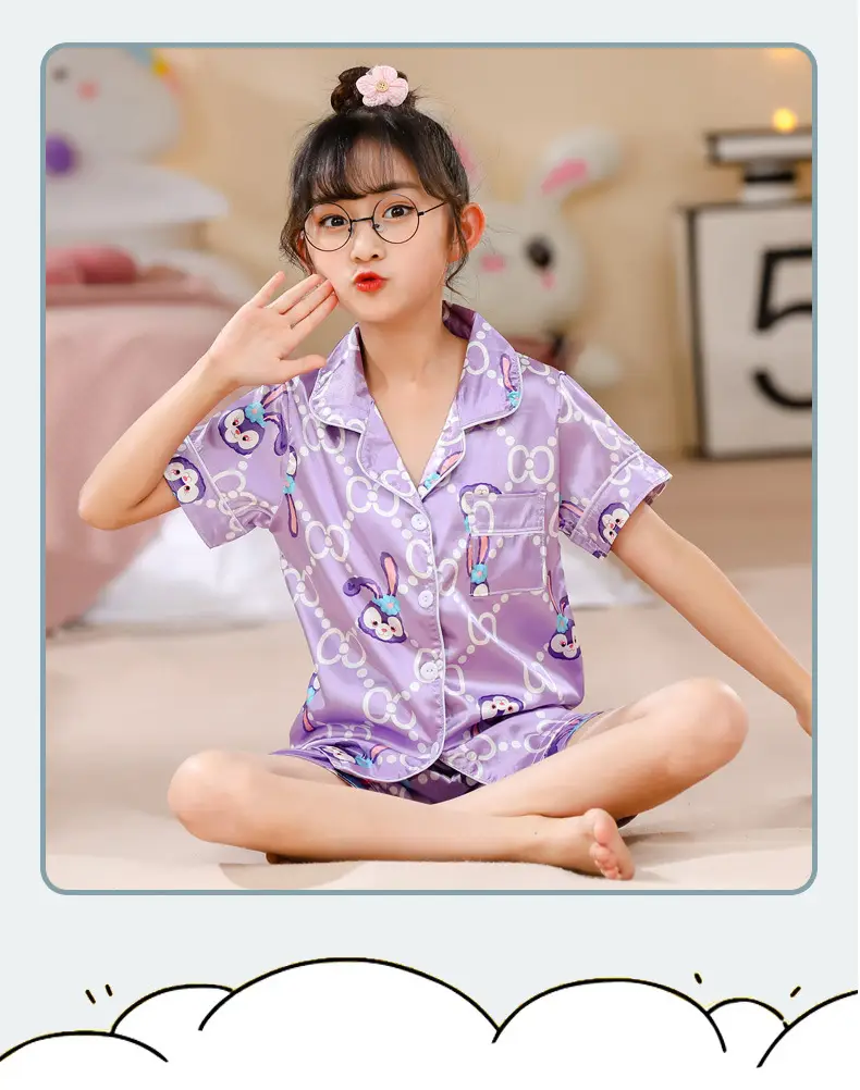 Girls Cartoon Print Pajama Set Purple Ice Silk — feature 25