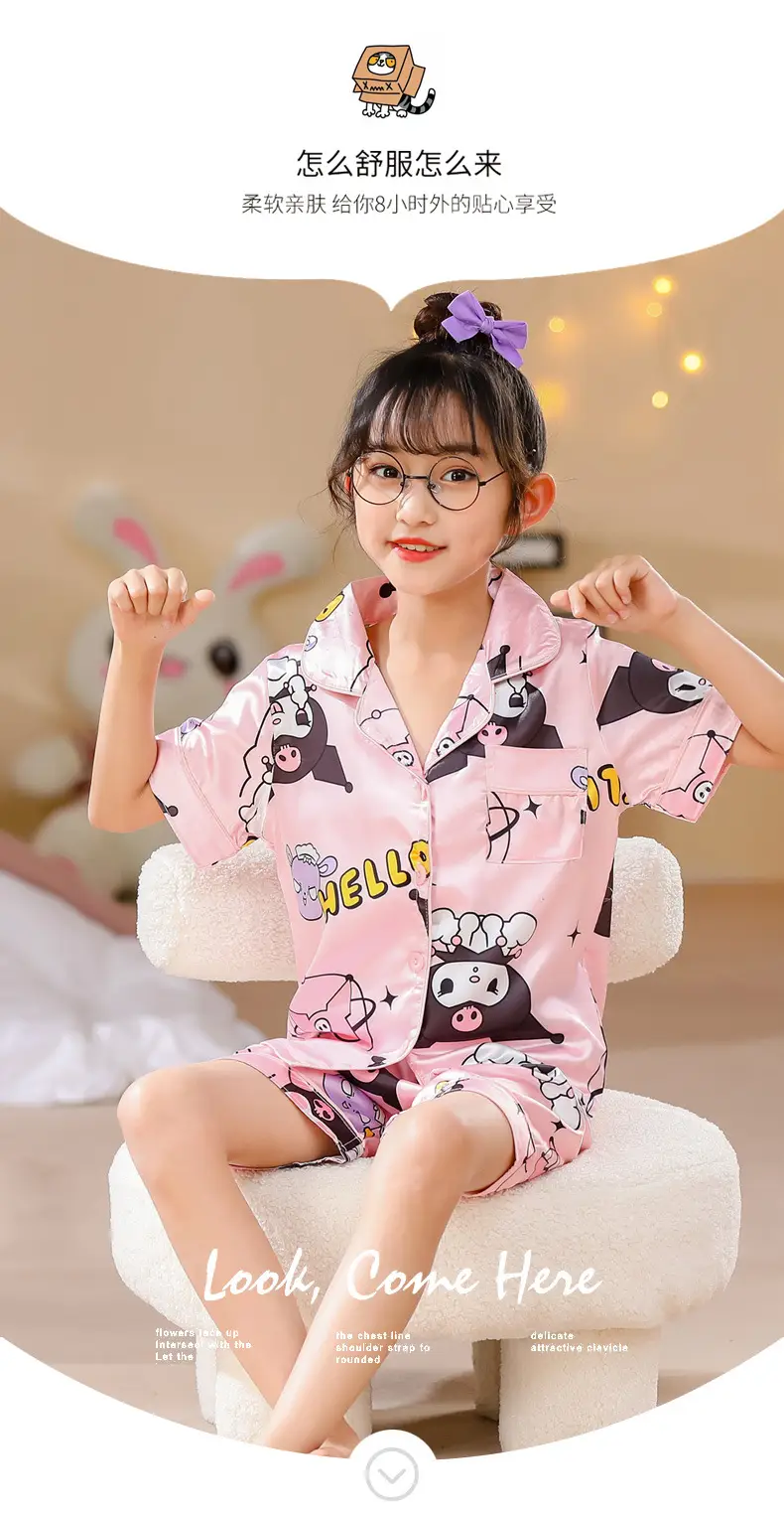 Girls Cartoon Print Pajama Set Purple Ice Silk — feature 5