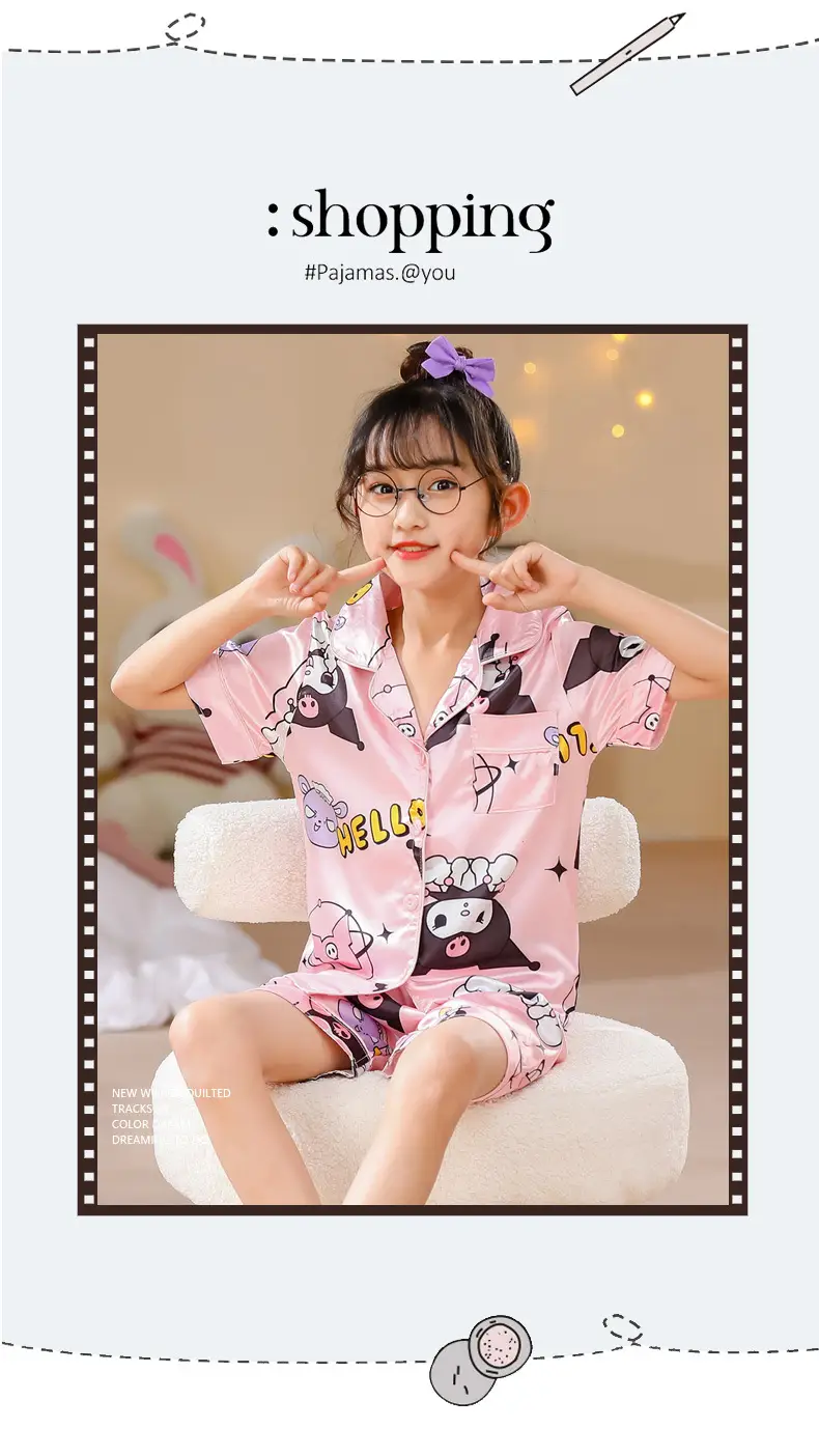 Girls Cartoon Print Pajama Set Purple Ice Silk — feature 7