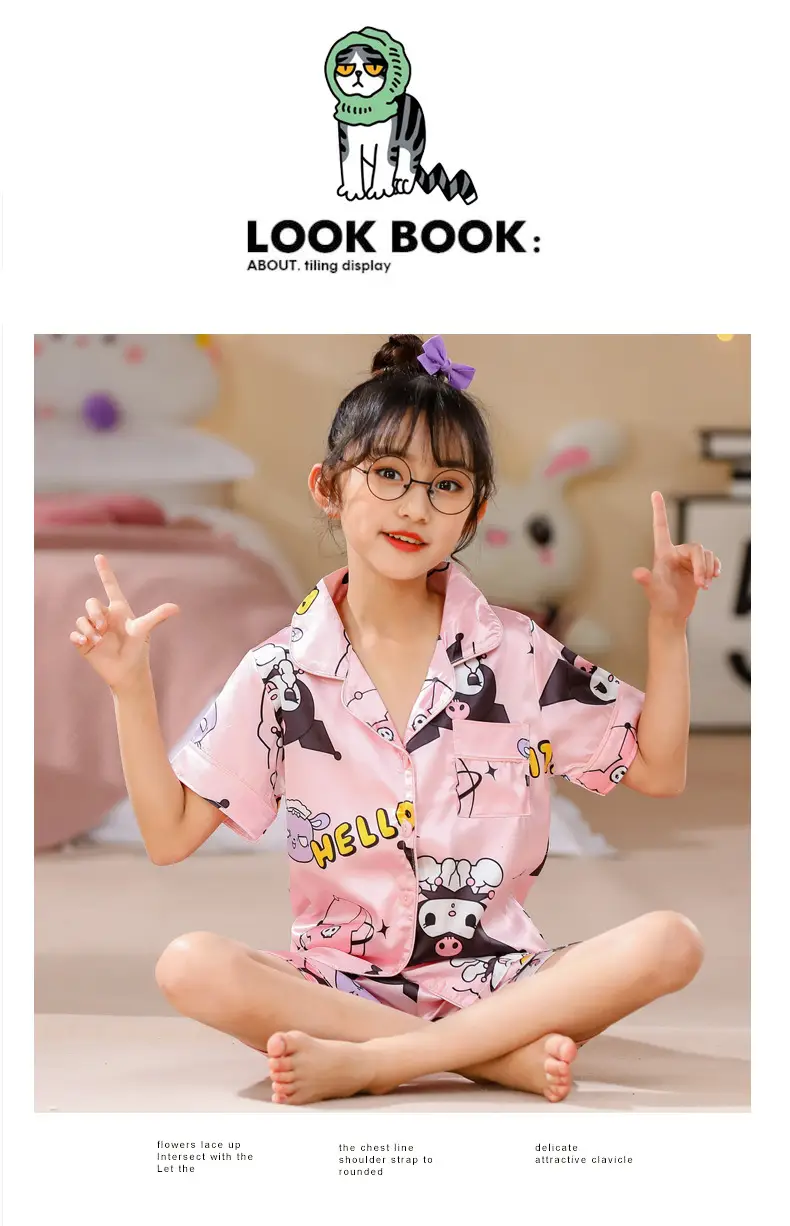 Girls Cartoon Print Pajama Set Purple Ice Silk — feature 8