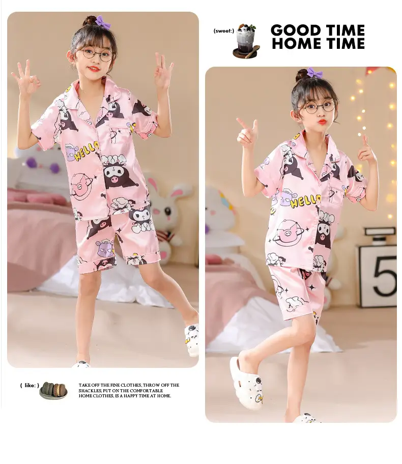 Girls Cartoon Print Pajama Set Purple Ice Silk — feature 9