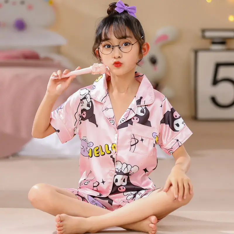 Girls Cartoon Print Pajama Set Purple Ice Silk - Image 2