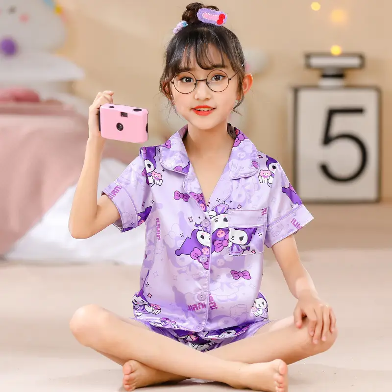 Girls Cartoon Print Pajama Set Purple Ice Silk - Image 3