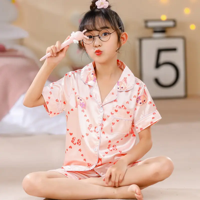 Girls Cartoon Print Pajama Set Purple Ice Silk - Image 4