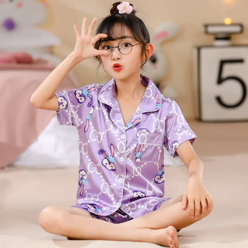 Girls Cartoon Print Pajama Set Purple Ice Silk - Image 5