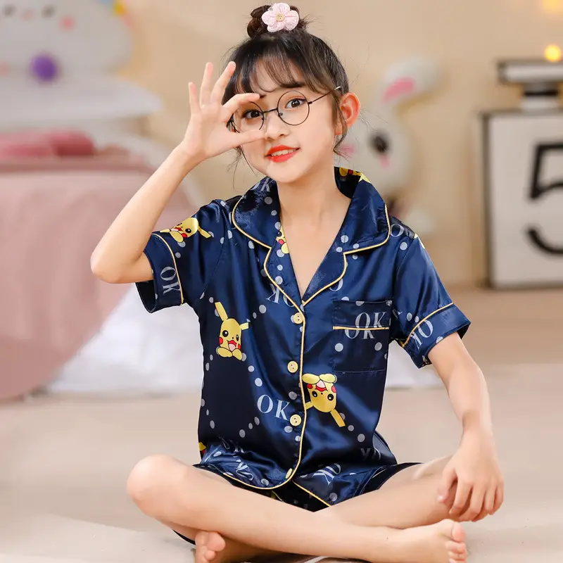 Girls Cartoon Print Pajama Set Purple Ice Silk - Image 6