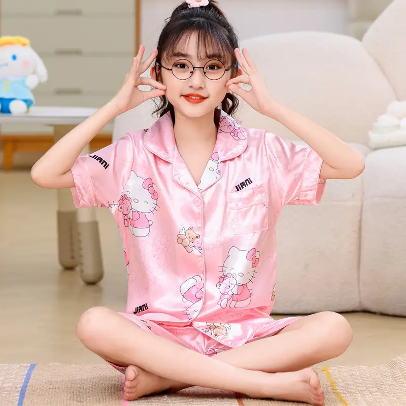 Girls Cartoon Print Pajama Set Purple Ice Silk - Image 7