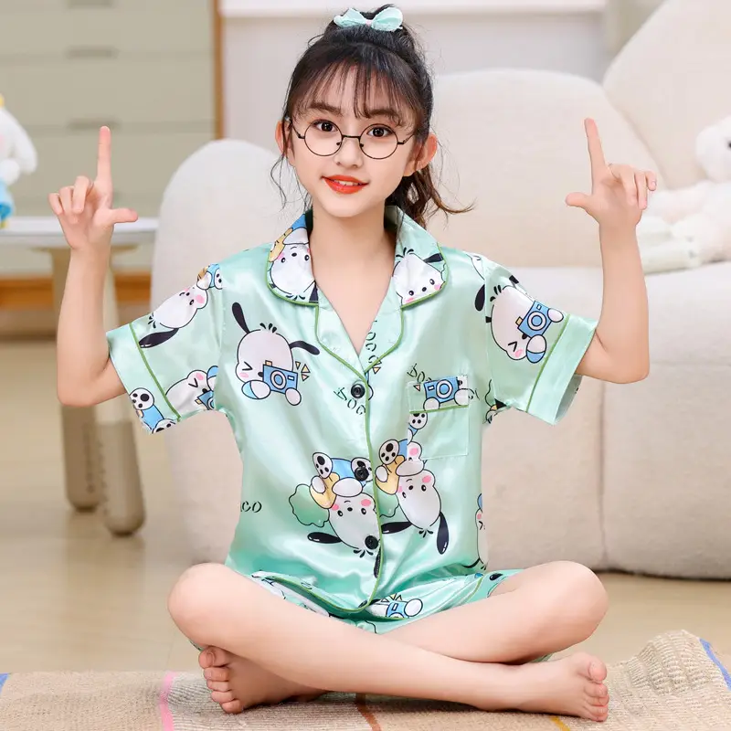 Girls Cartoon Print Pajama Set Purple Ice Silk - Image 8