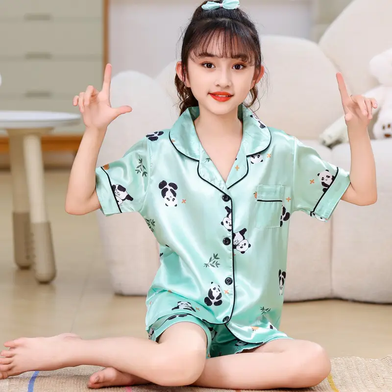 Girls Cartoon Print Pajama Set Purple Ice Silk - Image 9