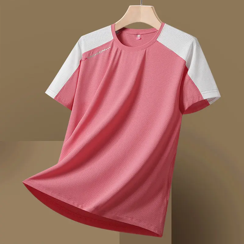 Plus Size Ice Silk T-Shirt Pink White Short Sleeve - Image 10