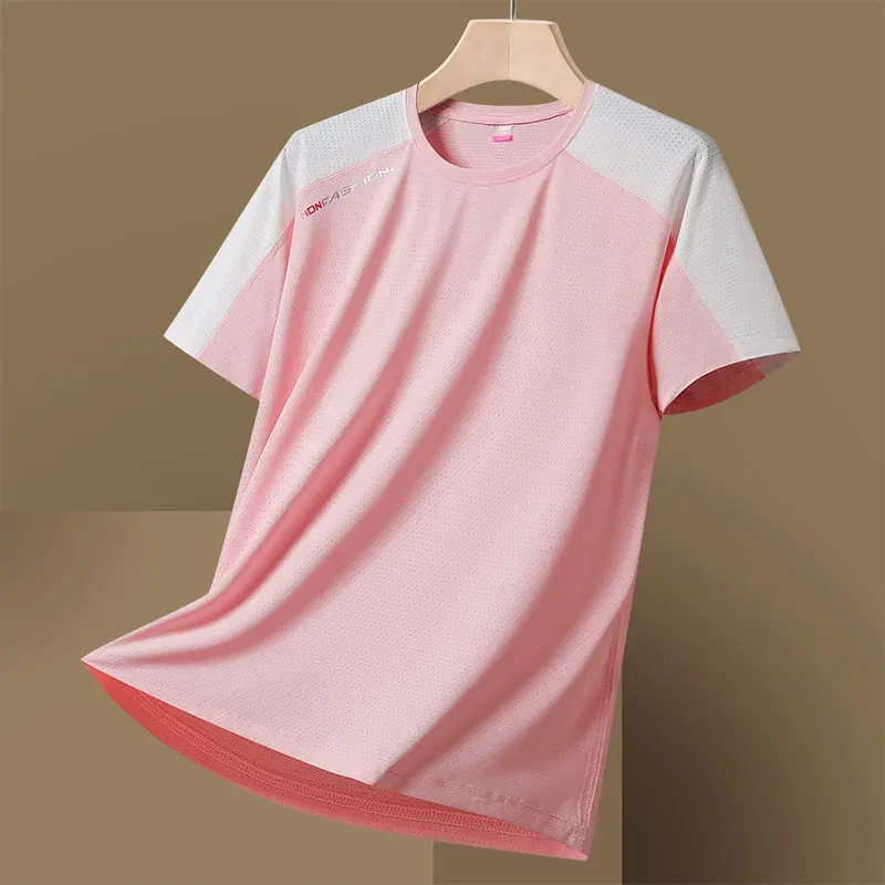 Plus Size Ice Silk T-Shirt Pink White Short Sleeve - Image 7
