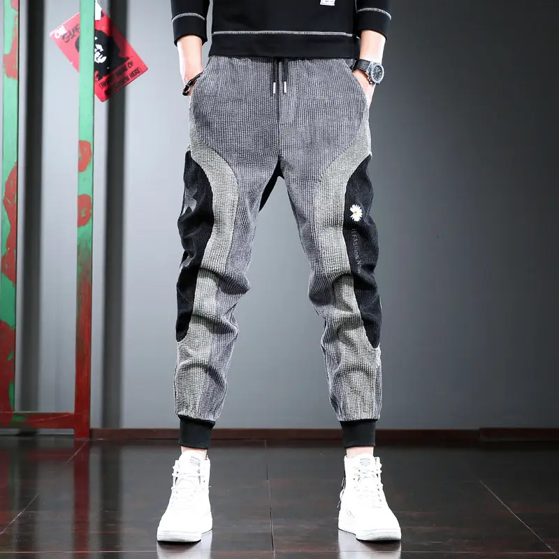 Men's Thick Corduroy Hip Hop Pants Grey Black