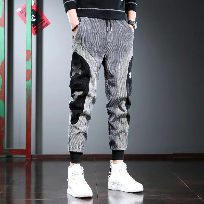 Men's Thick Corduroy Hip Hop Pants Grey Black