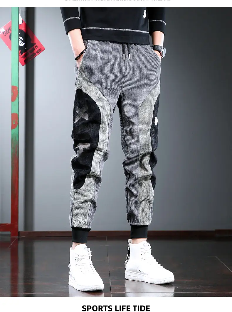 Men's Thick Corduroy Hip Hop Pants Grey Black — feature 10