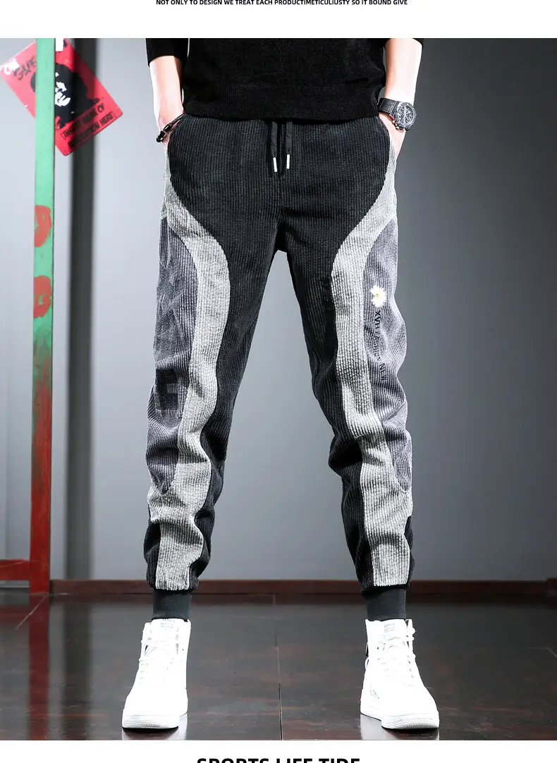 Men's Thick Corduroy Hip Hop Pants Grey Black — feature 13