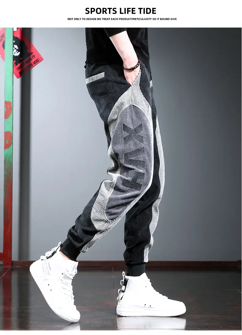 Men's Thick Corduroy Hip Hop Pants Grey Black — feature 15