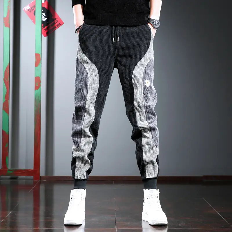 Men's Thick Corduroy Hip Hop Pants Grey Black