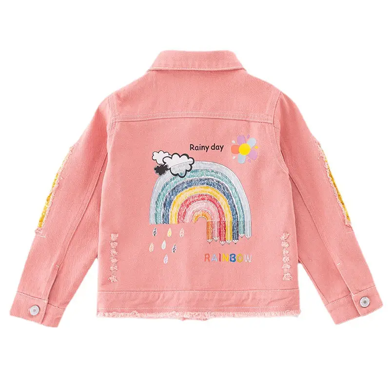 Girls Pink Frayed Denim Jacket with Yellow Embroidery