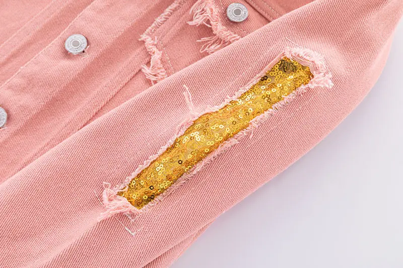 Girls Pink Frayed Denim Jacket with Yellow Embroidery — feature 11
