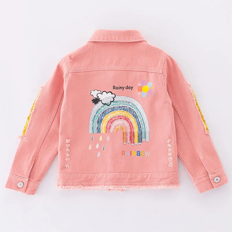 Girls Pink Frayed Denim Jacket with Yellow Embroidery — feature 2