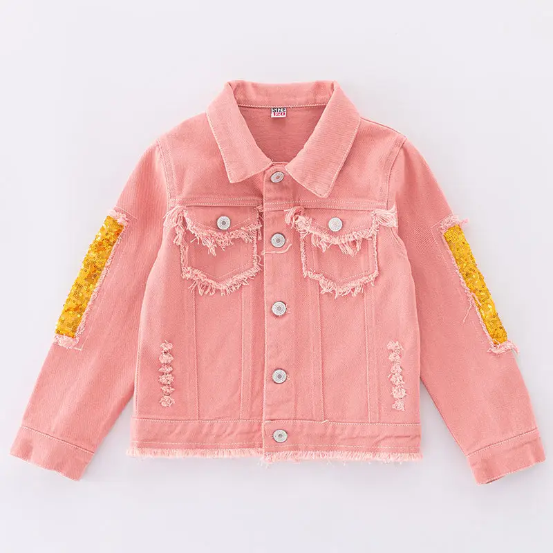 Girls Pink Frayed Denim Jacket with Yellow Embroidery — feature 3