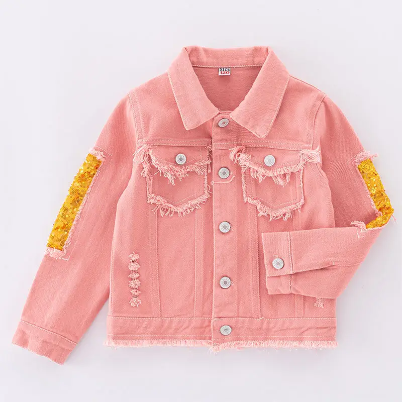 Girls Pink Frayed Denim Jacket with Yellow Embroidery — feature 4