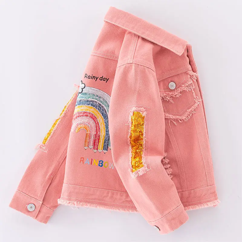 Girls Pink Frayed Denim Jacket with Yellow Embroidery — feature 5