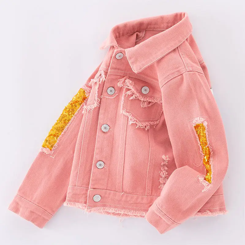 Girls Pink Frayed Denim Jacket with Yellow Embroidery — feature 6