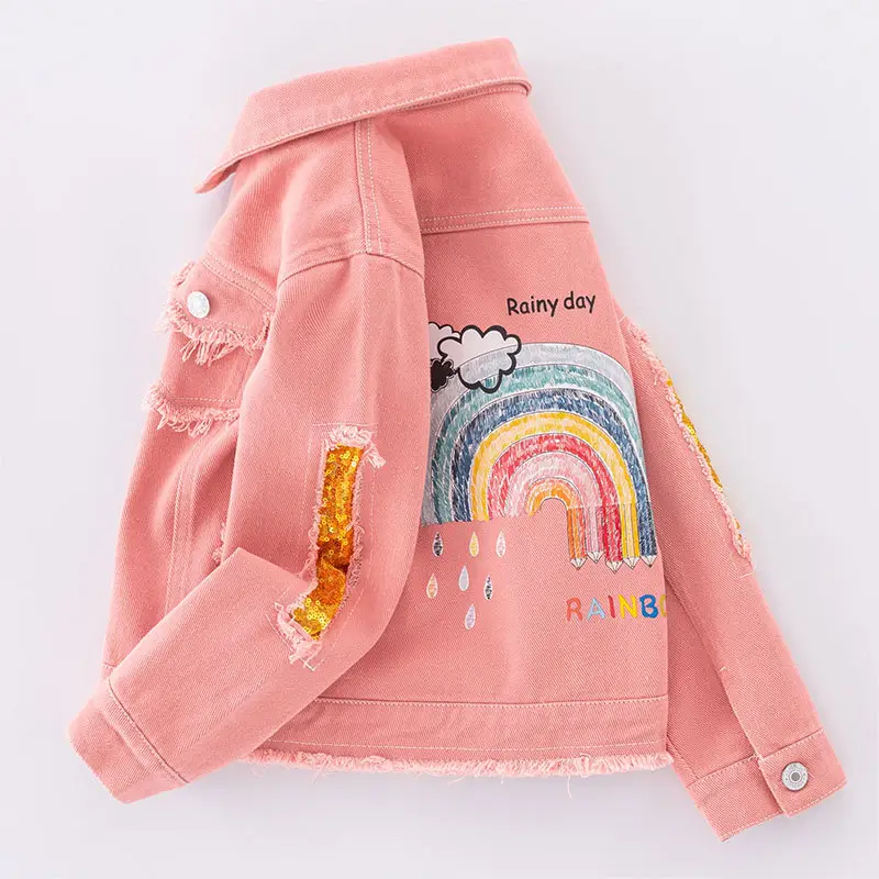 Girls Pink Frayed Denim Jacket with Yellow Embroidery — feature 7