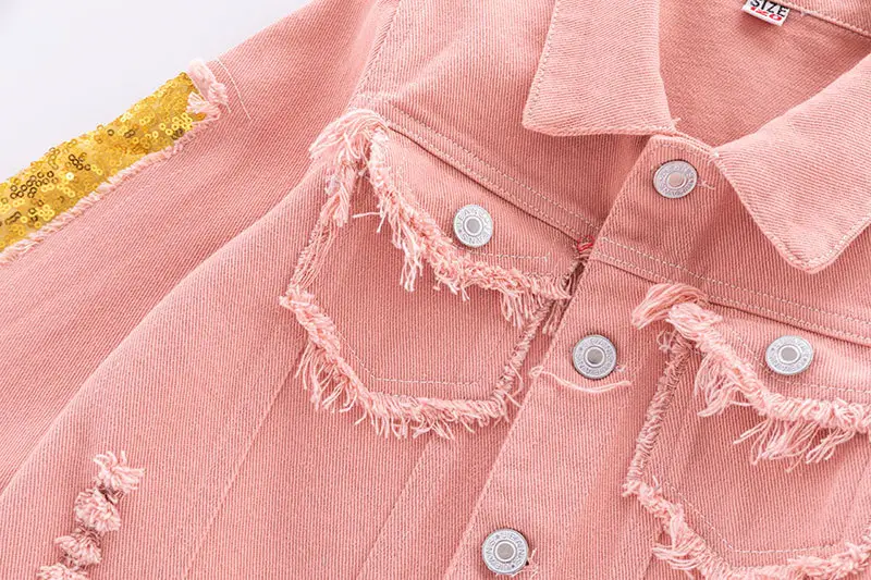 Girls Pink Frayed Denim Jacket with Yellow Embroidery — feature 9